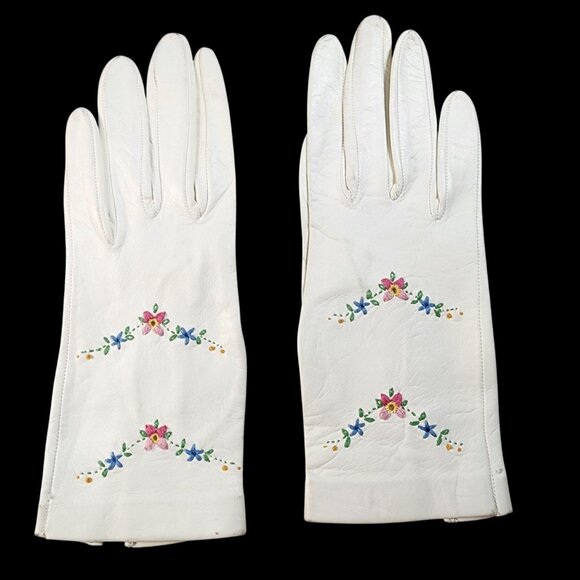 Vintage Accessories - Vintage Womens White Leather Gloves With Floral Embroidery Size 6.5